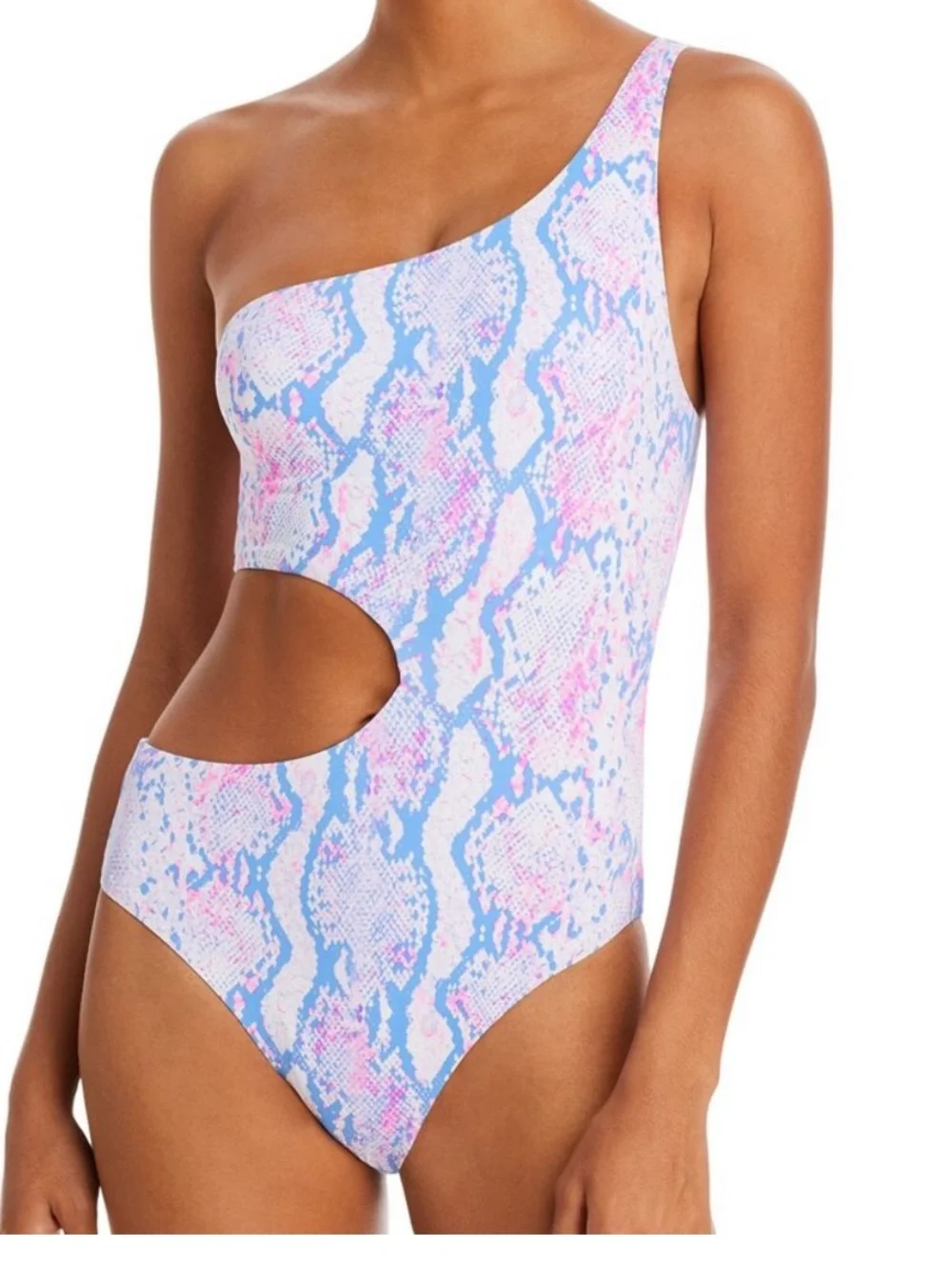 Aqua One-Shoulder Cutout Swimsuit in Pink & Blue Snake Print size L